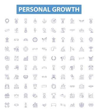 Kişisel büyüme çizgisi simgeleri, tabelalar hazır. Öz Geliştirme, Geliştirme, İlerleme, Olgunluk, Genişleme, Zenginleştirme, Gerçekleşme, Büyüme, Güçlendirme.