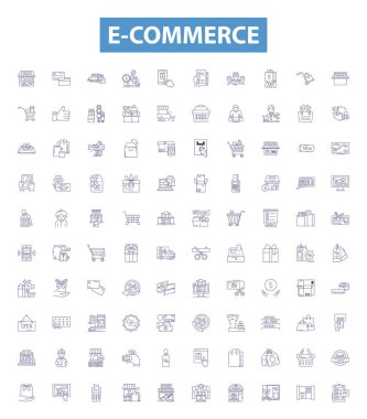 E-ticaret çizgisi simgeleri, tabelalar hazır. Çevrimiçi, Alışveriş, Pazar yeri, Perakende, İşlem, Dijital, Ürünler, Hizmetler, Depo ana hatları vektör çizimleri.