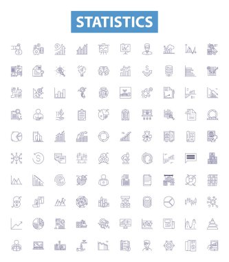 İstatistik çizgisi simgeleri, tabelalar hazır. İstatistik, veri, analiz, örnekler, nüfus, varyasyon, ortalama, medyan, mod ana hatları çizimleri koleksiyonu.