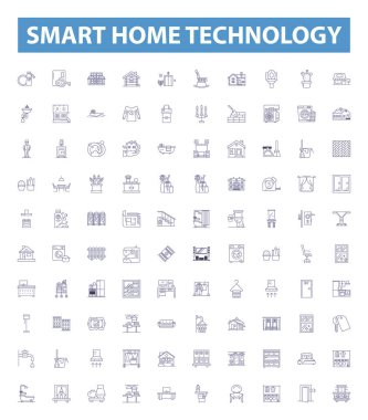 Akıllı ev teknoloji çizgisi simgeleri, tabelalar hazır. Akıllı, Ev, Teknoloji, Otomasyon, Bağlı, Güvenlik, İklim, Işıklandırma, Uzaktan Çizim vektör çizimleri Koleksiyonu.