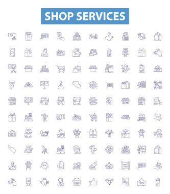 Dükkan servisi simgeleri, tabelalar hazır. Perakende, Butik, Mağaza, Satın Alma, Teklif, Mal, Alışveriş, Tedarik, Kazanç ana hatları vektör çizimleri.