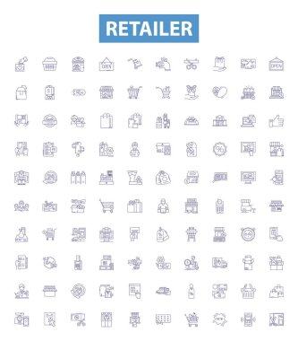 Perakende hattı simgeleri, tabelalar hazır. Tüccar, Satıcı, Outlet, Satıcı, Satıcı, Mağaza, Dükkan, Butik, Pazar yeri çizim çizimleri.