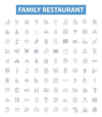 Aile restoranı çizgileri, tabelalar. Aile, restoran, yemek, yemek, yemek, mutfak, yer, kafe, yemek, mutfak çizgisi çizimleri koleksiyonu.