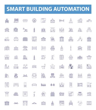 Akıllı bina otomasyon çizgisi simgeleri, tabelalar hazır. Akıllı, İnşaat, Otomasyon, IoT, Enerji Verimliliği, Ses Tanıma, Algılayıcılar, Bağlantı, Yapay Zeka çizgisi çizimleri.