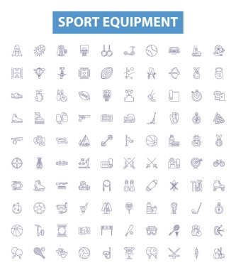 Spor malzemeleri çizgisi simgeleri, tabelalar hazır. Gear, Toplar, Raketler, Netler, Ayakkabılar, Başlık, Miğferler, Doldurma, Islık ana hatları vektör çizimleri.