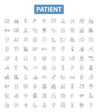 Patient line icons, signs set. Collection of Patient, Caregiver, Hypochondriac, Chronically ill, Bedridden, Clinician, Prone, Recovering, Treatment outline vector illustrations. clipart