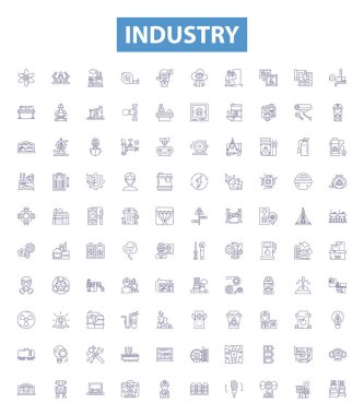 Sanayi çizgisi simgeleri, tabelalar hazır. Üretim, Teknoloji, Üretim, İş, Ekipman, Otomotiv, Perakende, Hizmetler, Lojistik ana hatları vektör çizimleri.