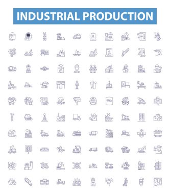 Industrial production line icons, signs set. Collection of Industry, Production, Manufacturing, Processing, Assembly, Automation, Robotics, Logistics, System outline vector illustrations. clipart