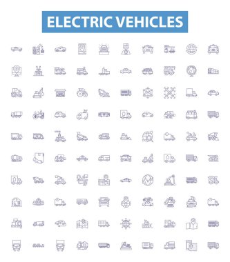 Elektrikli araçlar hat simgeleri, tabelalar hazır. Elektrik, Araç Koleksiyonu, EVS, Batarya, Melez, Fiş, Elektrik, Şarj, Motor ana hatları vektör çizimleri.