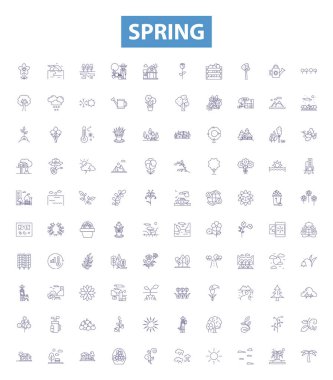 Bahar çizgisi simgeleri, tabelalar hazır. Çiçek Koleksiyonu, Vernal, Yenilenme, Thaw, Sun, Buds, Sıcaklık, Nisan, Mayıs vektör çizimleri.