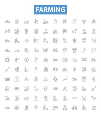 Farming line icons, signs set. Collection of Cropping, Cultivation, Agriculture, Tillage, Irrigation, Harvesting, Planting, Livestock, Pest control outline vector illustrations. clipart