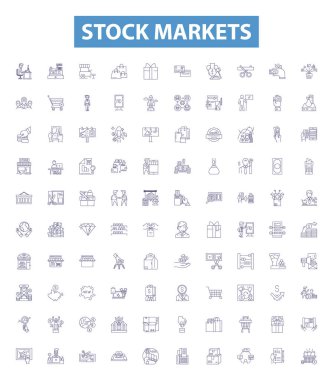 Borsa simgeleri, tabelalar hazır. Hisse, Piyasa, Eşitlik, Ticaret, Menkul Kıymetler, Yatırım, Borsa, Paylaşım, Fiyat ana hatları vektör çizimleri.