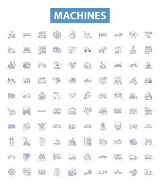 Makine hattı simgeleri, tabelalar hazır. Robot Koleksiyonu, Automata, Bilgisayarlar, Elektronik, Araçlar, Motorlar, Gadget 'lar, Aygıtlar, Uygulamalar ana hatları vektör çizimleri.