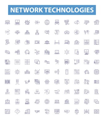 Ağ teknolojileri çizgi simgeleri, işaretler ayarlandı. Networking, Technologies, LAN, WAN, Routers, Switches, Bridges, Modems, Client Server ana hatlı vektör çizimleri koleksiyonu.