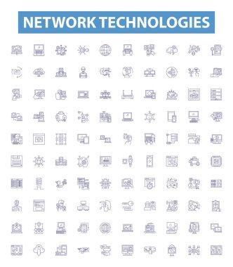 Network technologies line icons, signs set. Collection of Networking, Technologies, LAN, WAN, Routers, Switches, Bridges, Modems, Client Server outline vector illustrations. clipart