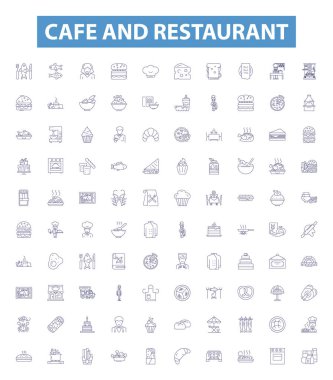 Kafe ve restoran hattı simgeleri, tabelalar hazır. Kafe, restoran, mutfak, menü, malzemeler, tarifler, hazırlık, sunum, kaplama vektör çizimleri koleksiyonu.