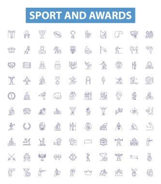 Sport and awards line icons, signs set. Collection of Sports, Awards, Competition, Medals, Trophies, Champions, Records, Excellence, Trophy outline vector illustrations. clipart