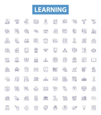 Öğrenme satırı simgeleri, işaretler ayarlanıyor. Eğitim, Öğrenim, Eğitim, Bilgi, Eğitim, Yetenek, Sınıf, Öğretmenlik, Disiplin ana hatları vektör çizimleri.