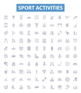 Spor aktiviteleri çizgi simgeleri, tabelalar hazır. Atletizm Koleksiyonu, Rugby, Tenis, Beyzbol, Bisiklet, Yüzme, Kayak, Golf, Denizcilik ana hatları vektör çizimleri.