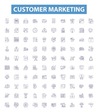 Müşteri pazarlama çizgisi simgeleri, tabelalar. Bağlantı Koleksiyonu, Kazanç, Retention, Segmentation, Lead Generation, Outreach, CRM, Sadakat, E- posta Pazarlama vektör çizimleri.