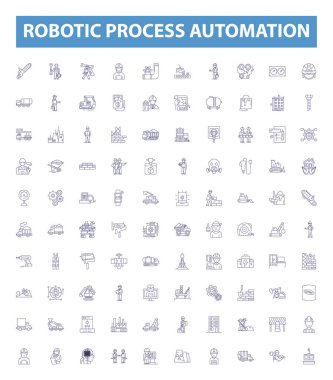 Robotik işlem otomasyon çizgisi simgeleri, işaretler hazır. Robotik, süreç, otomasyon, yazılım, teknoloji, yapay, zeka, makine, öğrenme ana hatları vektör çizimleri koleksiyonu.