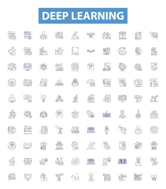 Derin öğrenme çizgisi simgeleri, işaretler hazır. Derin Öğrenim Koleksiyonu, Sinir Ağları, Makine Öğrenme, Yedekleme, CNN, NLP, AI, Takviye öğrenme, Otomasyon vektör çizimleri.