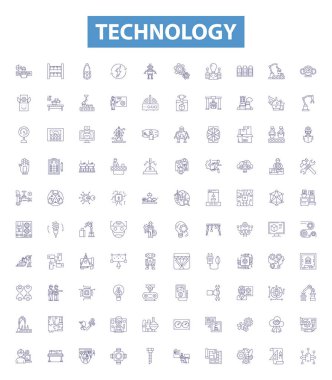 Teknoloji çizgisi simgeleri, tabelalar hazır. Teknoloji, Gadget, Elektronik, Ağ, Yazılım, Program, AI, Makine, Süreç ana hatları çizimleri.