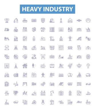 Ağır sanayi çizgileri, tabelalar. Üretim, Üretim, Üretim, Makineleme, Madencilik, Metalurji, Otomasyon, Robotik, Çelik Yapım, Eritme ana hatları vektör çizimleri.