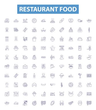 Restoran yemekleri, tabelalar. Mutfak, Yemek, Yemek, Yemek, Lezzet, Gastronomi, Pizza, Suşi, Erişte, Tacos ana hatları vektör çizimleri.