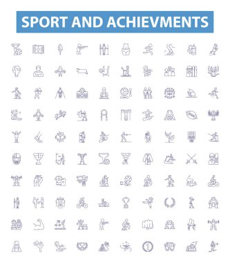 Spor ve başarı çizgisi simgeleri, tabelalar. Spor, Başarılar Koleksiyonu, Zafer, Başarı, Kayıt, Madalya, Ödül, Mükemmellik, Kazanan vektör çizimleri.