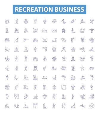 Recreation business line icons, signs set. Collection of Recreation, Entertainment, Amusement, Sports, Leisure, Adventure, Outdoor, Gaming, Vacations outline vector illustrations.