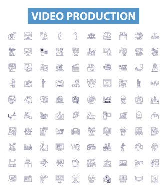 Video üretim hattı simgeleri, tabelalar hazır. Sinematografi, Filmcilik, Düzenleme, Canlandırma, Yönlendirme, Ses Efektleri, Müzik, Işıklandırma, Görsel Efektler.