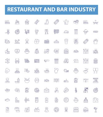 Restoran ve bar endüstrisi simgeleri, tabelalar. Restoran, Bar, Endüstri, Yemek, Yemek, Yemek, Yemek, Servis, Müşterilerin ana hatları vektör çizimleri.