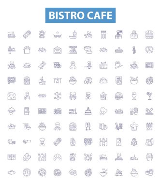 Bistro kafe çizgisi simgeleri, tabelalar hazır. Bistro, Cafe, Akşam Yemeği, Restoran, Mutfak, Kahve, Kahvaltı, Öğle Yemeği, Akşam Yemeği.