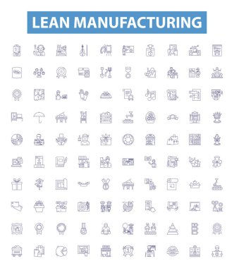 İnce imalat çizgileri, tabelalar. Altı Sigma, Lean, Kaizen, JIT, TPS, Kanban, 5S, Görsel Yönetim, Heijunka ana hatlı vektör çizimleri koleksiyonu.