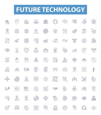 Geleceğin teknoloji çizgisi simgeleri, tabelalar hazır. Yenilik Koleksiyonu, Otomasyon, Robot Bilimi, Yapay Zeka, Nanoteknoloji, Biyoteknoloji, Kuantum Hesaplama, Büyük Veri, Blockchain ana hatları vektörü