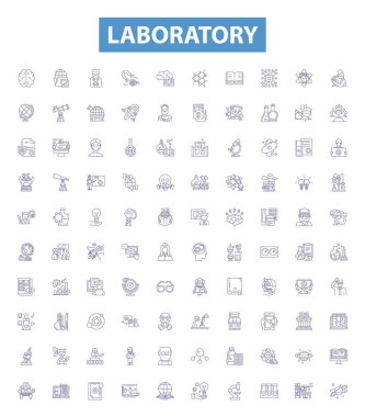 Laboratuvar çizgisi simgeleri, tabelalar hazır. Laboratuvar, Araştırma, Test, Deney, Deney, Analiz, Kimya, Sınav, Mikrobiyoloji, vektör çizimleri Koleksiyonu.