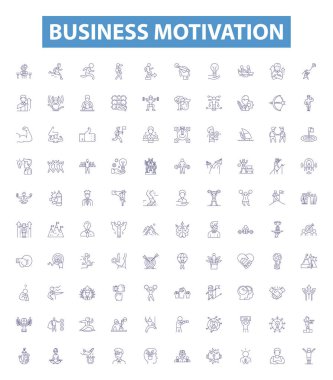 İş motivasyon çizgileri, tabelalar hazır. Motivasyon, Sürüş, İlham, İlerleme, Başarı, Zafer, İhtiraslı, Heves, Memnuniyet ana hatları vektör çizimleri.