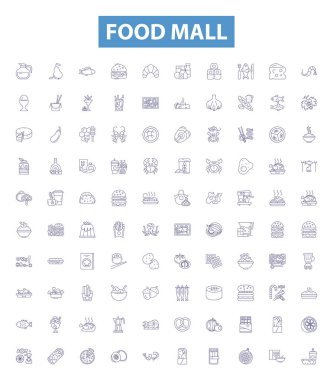 Yiyecek alışveriş merkezi çizgileri, tabelalar. Yemek Koleksiyonu, Gastronomi, Kantin, Mutfak, Gurme, Bistro, Mutfak, Goodcourt, Fare ana hatları vektör çizimleri.