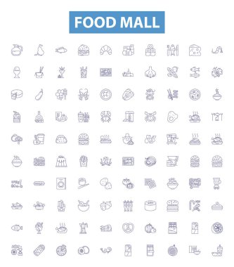 Food mall line icons, signs set. Collection of Eatery, Gastronomy, Canteen, Cuisine, Gourmand, Bistro, Galley, Foodcourt, Fare outline vector illustrations. clipart