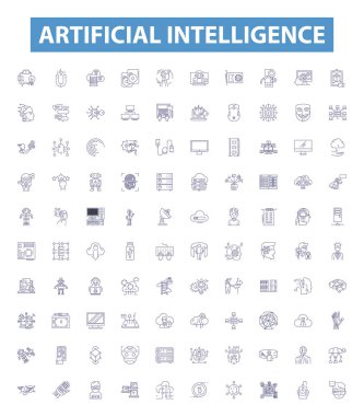 Artificial intelligence line icons, signs set. Collection of AI, Robotics, Machine Learning, Automation, Algorithms, Computation, Natural Language Processing, Expert Systems, Predictive Analytics clipart