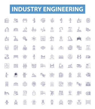 Endüstri mühendisliği çizgisi simgeleri, tabelalar hazır. Endüstriyel, Mühendislik, Üretim, Üretim, Otomasyon, Kalite, Kontrol, Lojistik, Robot çizim çizimleri.