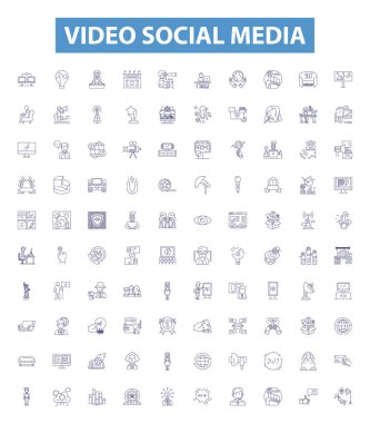 Video sosyal medya hattı simgeleri, işaretler ayarlandı. Vlog, Yayın, Canlı Yayın, Video Paylaşımı, Video Konferans, İşbirliği, Ağ, Bağlantı, Bağlantı