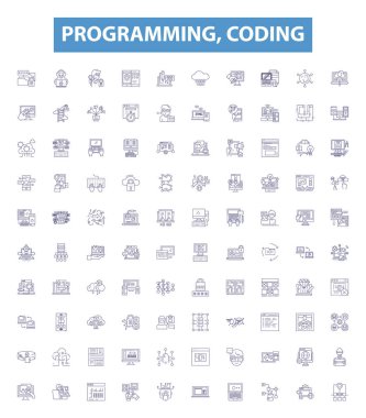 Programming, coding line icons, signs set. Collection of programming, coding, software, development, language, algorithm, logic, syntax, function outline vector illustrations. clipart