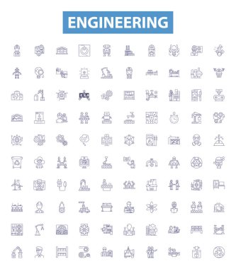 Mühendislik çizgisi simgeleri, işaretler hazır. Mühendislik, Teknoloji, Tasarım, Üretim, İnşaat, Elektronik, Mekanik, Bilim, Elektrik Taslak Vektör Çizimleri Koleksiyonu.