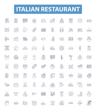 İtalyan restoran çizgisi simgeleri, tabelalar hazır. İtalyan, restoran, mutfak, makarna, pizza, ekmek, sarımsak, fesleğen, şarap taslağı.