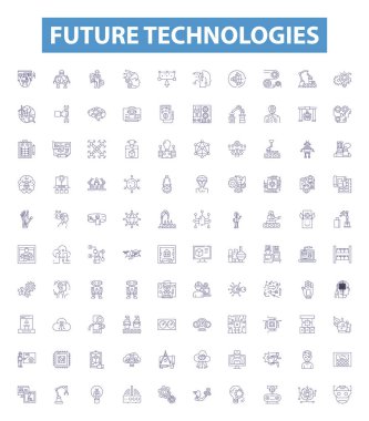 Geleceğin teknolojileri çizgi simgeleri, tabelalar hazır. Yapay, Zeka, Robotik, Kuantum, Hesaplama, Blokzincir, Artırılmış, Gerçeklik, Özerk vektör çizimleri Koleksiyonu.