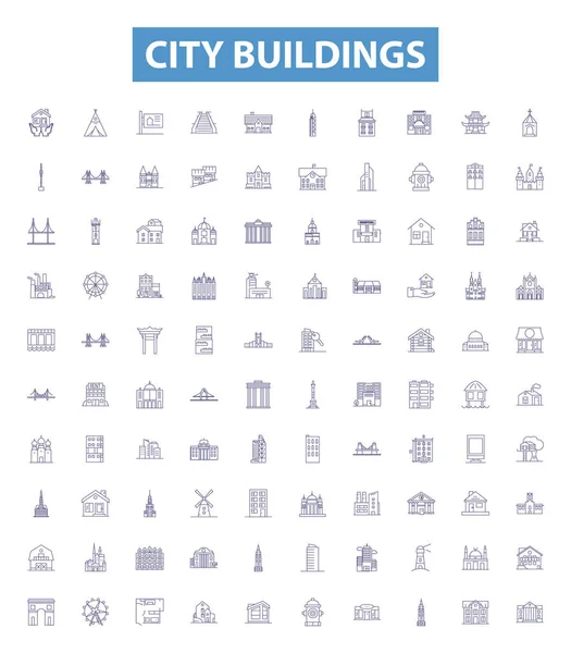 Edificios Ciudad Línea Iconos Letreros Establecidos Colección Rascacielos Torres Complejos — Archivo Imágenes Vectoriales