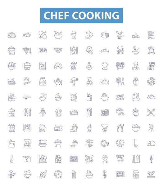 stock vector Chef cooking line icons, signs set. Collection of chef, cooking, cuisine, ingredients, recipes, preparation, presentation, plating, kitchen outline vector illustrations.