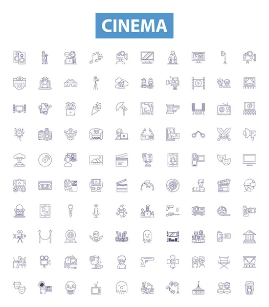 Cinema Line Icons Signs Set Collection Film Theater Movie Showing — Stock Vector
